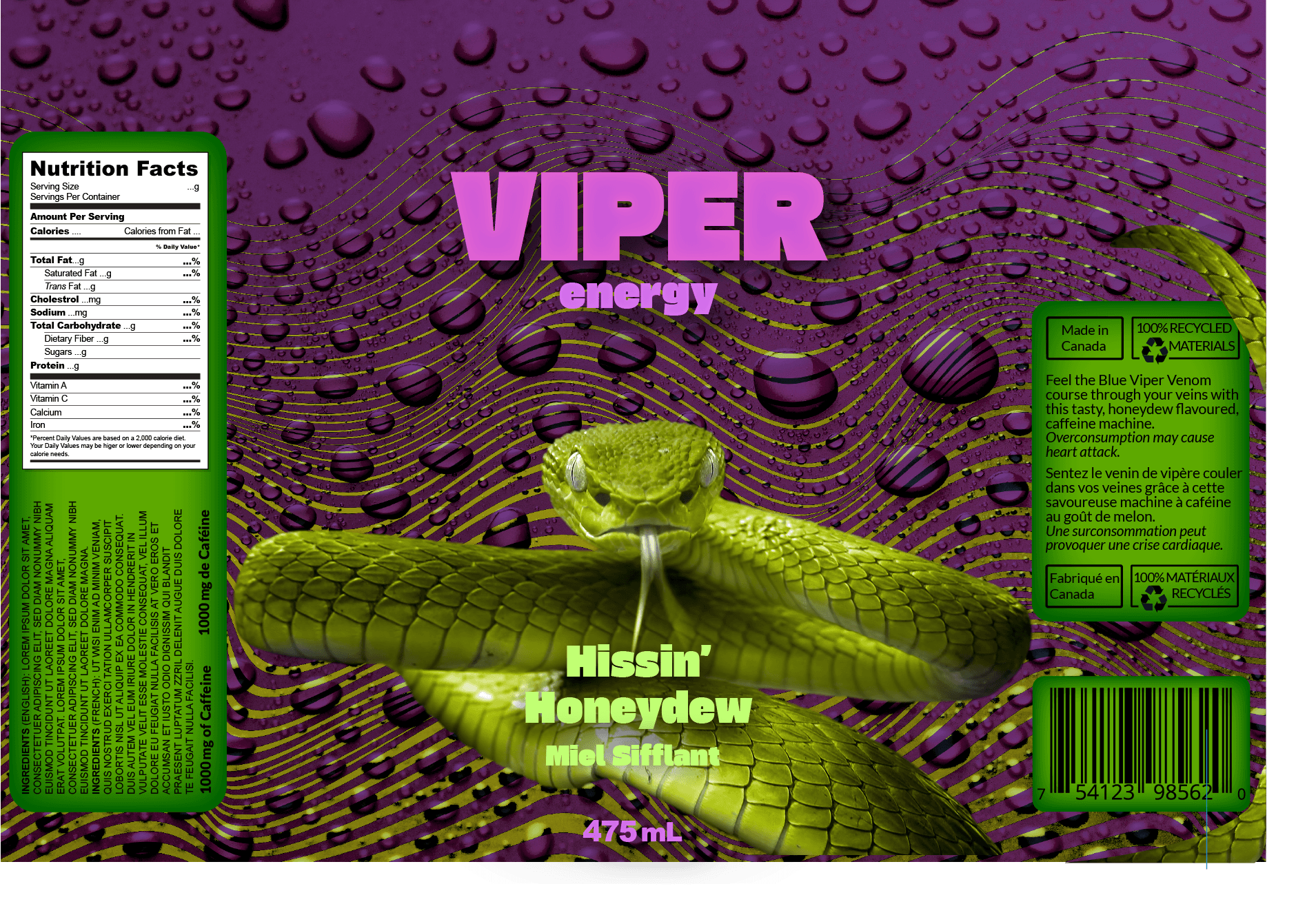 Hissin' Honeydew flavor Viper Energy drink design